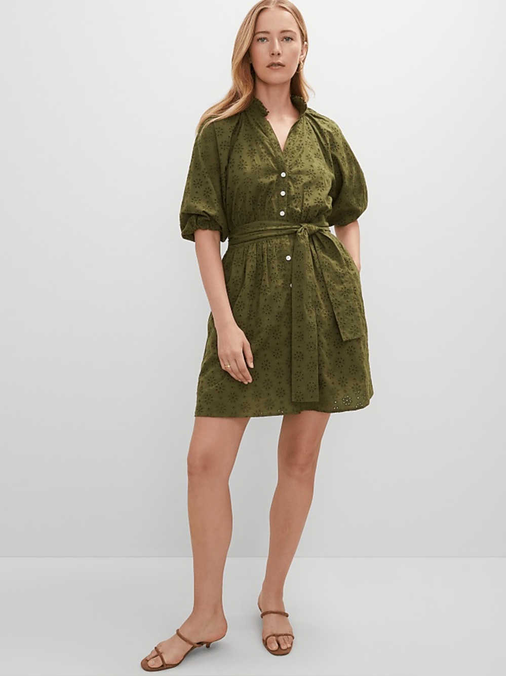 NWT Ann Taylor Petite Eyelet Ruffle Neck Flare Dress Moss Green Size 12 Petite